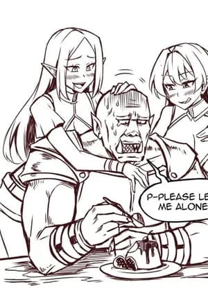 Drunk Elves Harassing an Orc in a Tavern